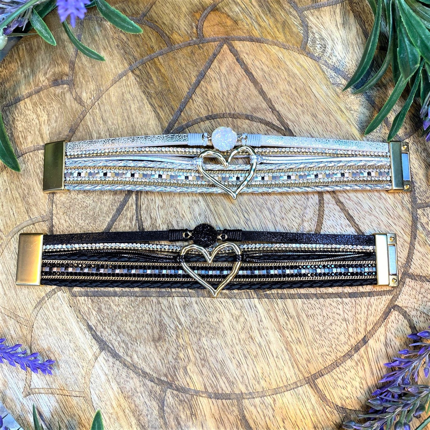 Druzy Heart Wrap Bracelet - Black or Silver