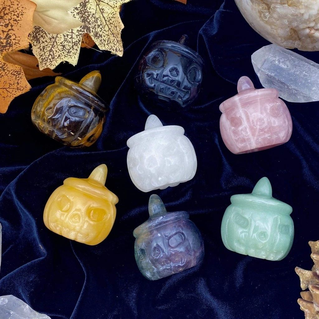 Carved Pumpkin Jack O'Lantern ~ Rose Quartz, Fluorite & Black Obsidian only available left.