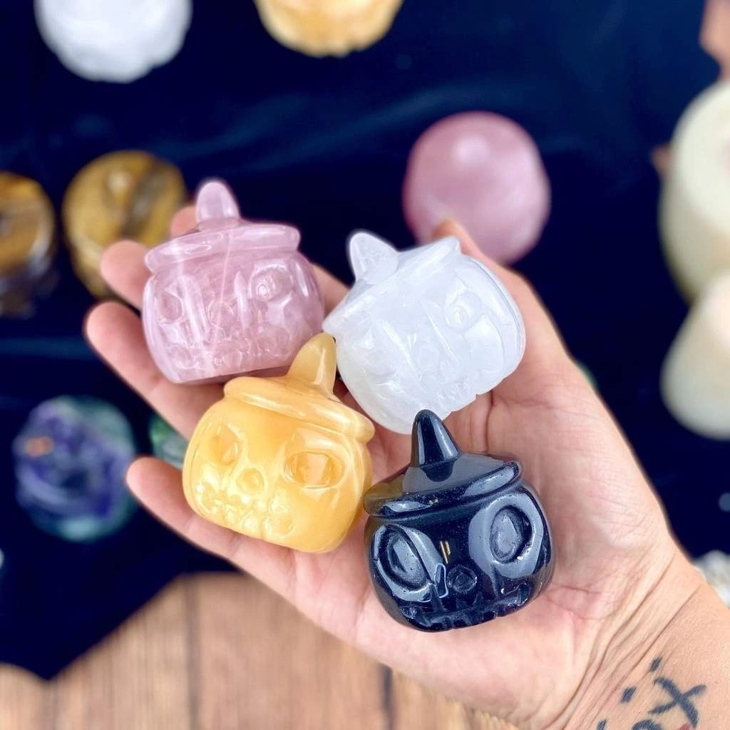 Carved Pumpkin Jack O'Lantern ~ Rose Quartz, Fluorite & Black Obsidian only available left.