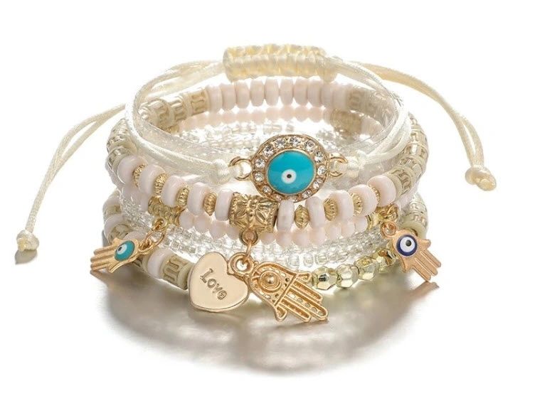 Hamsa Hand Bracelet Set - Gold & White