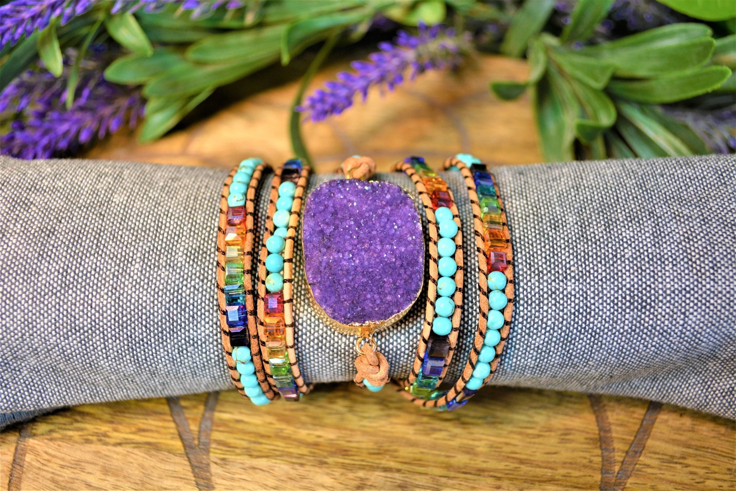 Amethyst Druzy Leather Wrap Bracelet