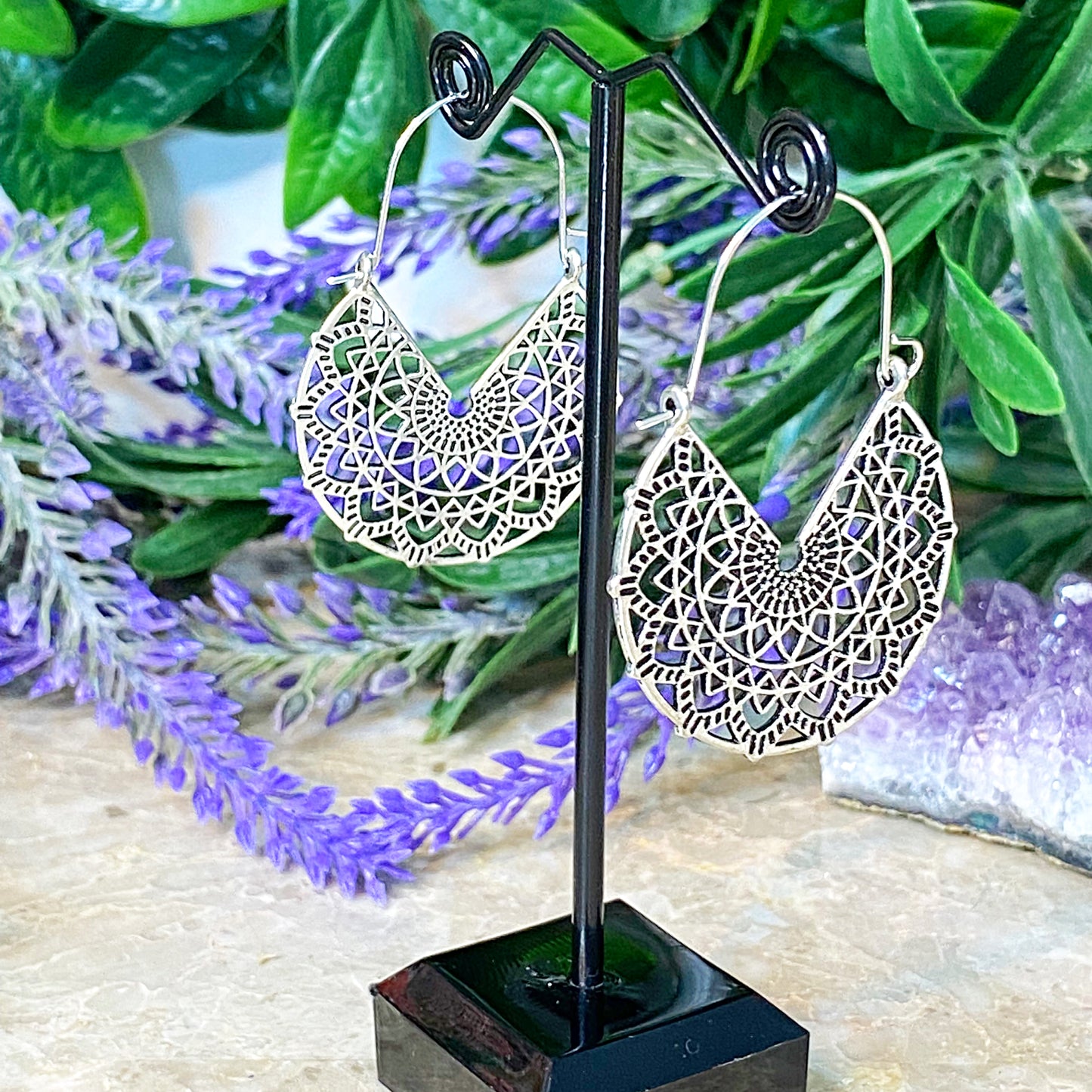 Hoop Mandala Boho Earrings - Silver