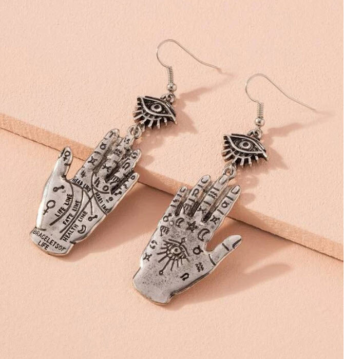 Witchy Palmistry Hand with Eye Earrings - Silver/Gold Plated