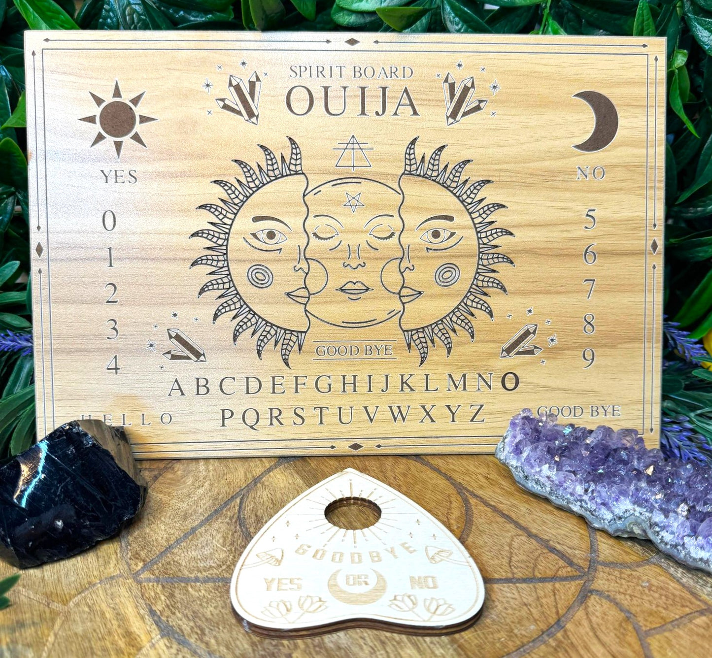 Crystal Sun/Moon Face Ouija Spirit Board with large Goodbye Planchette