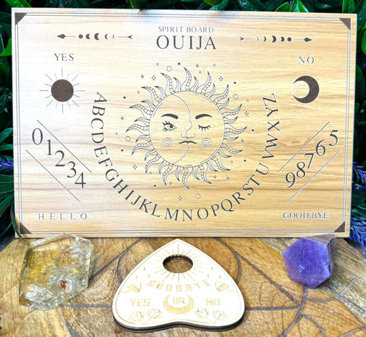 Sun/Moon Face Ouija Spirit Board with large Goodbye Planchette
