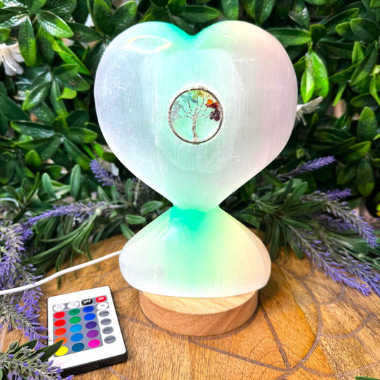 Selenite Heart Chakra Tree of Life Light with Multicolour LED Base Pack