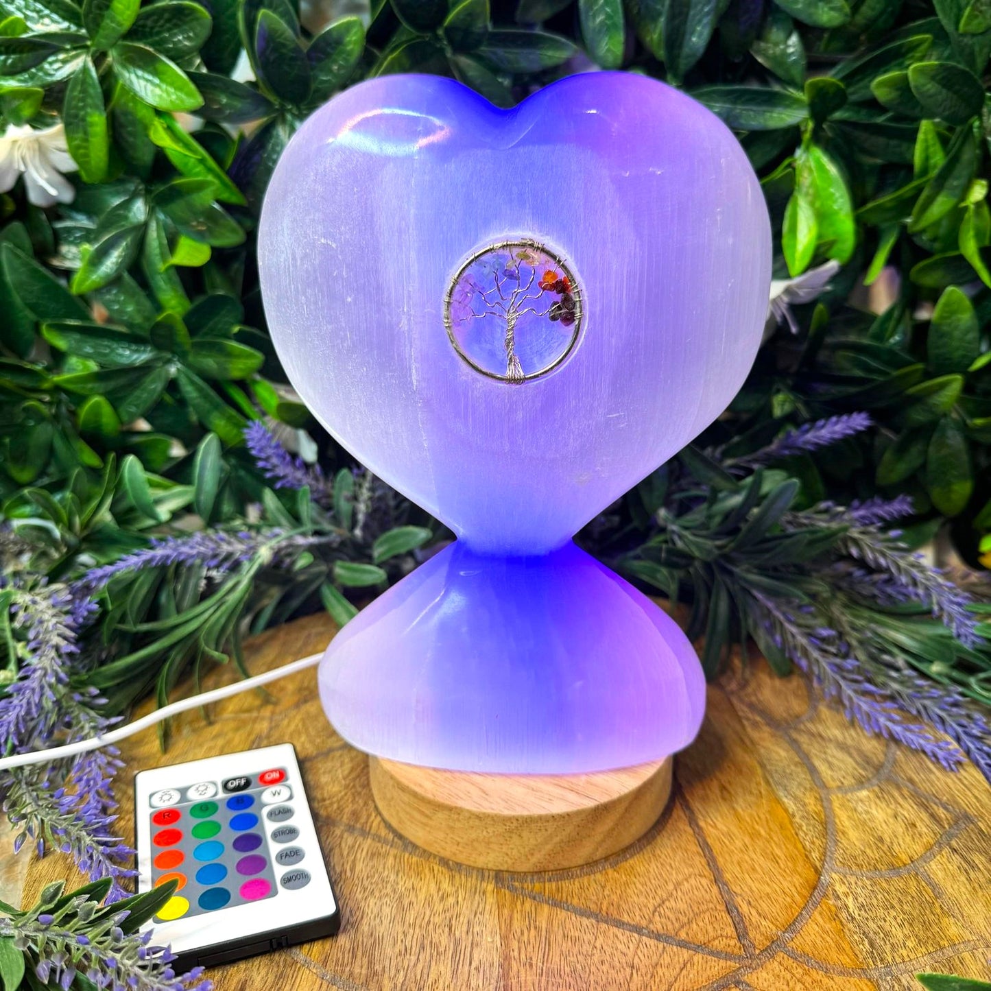 Selenite Heart Chakra Tree of Life Light with Multicolour LED Base Pack