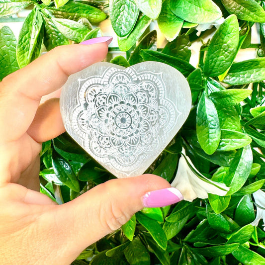 Selenite Heart with Mandala print