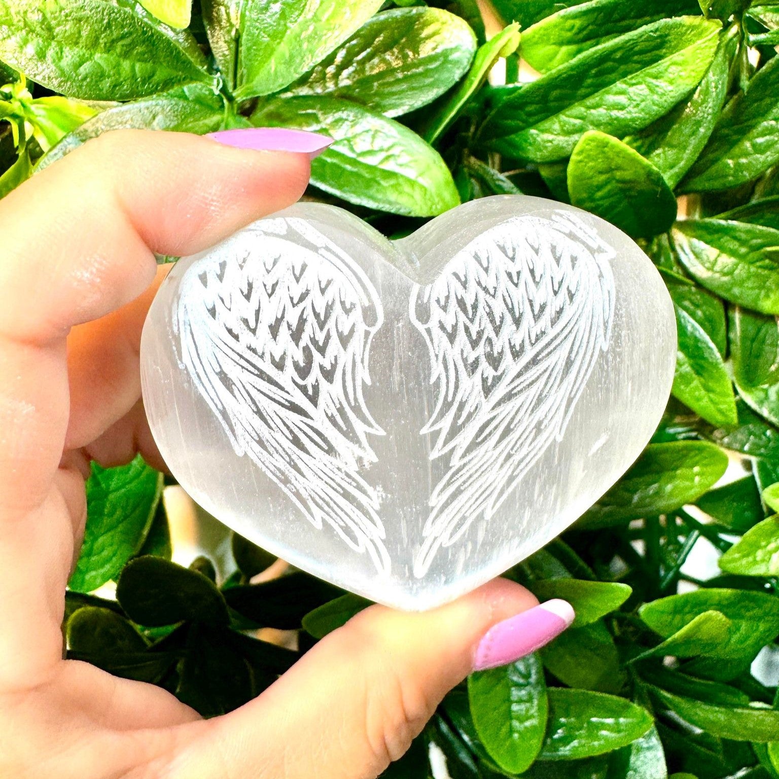 Selenite Stone Heart with Angel Wing Engraving