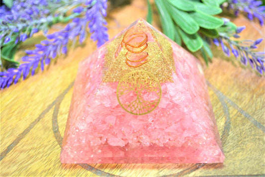 Rose Quartz Orgonite Pyramid with Tree of Life