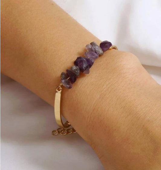 Gold Plated Crystal Chip Bracelet - Amethyst or Rose Quartz