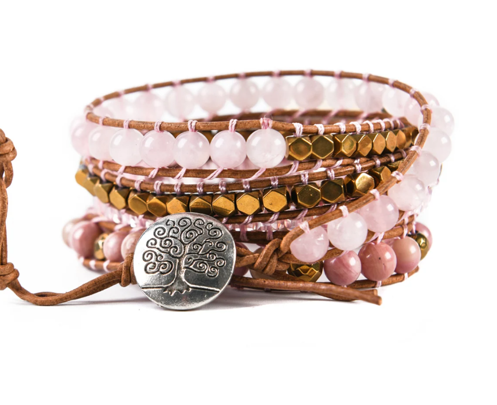 Rose Quartz & Rhodonite Wrap Boho bracelet