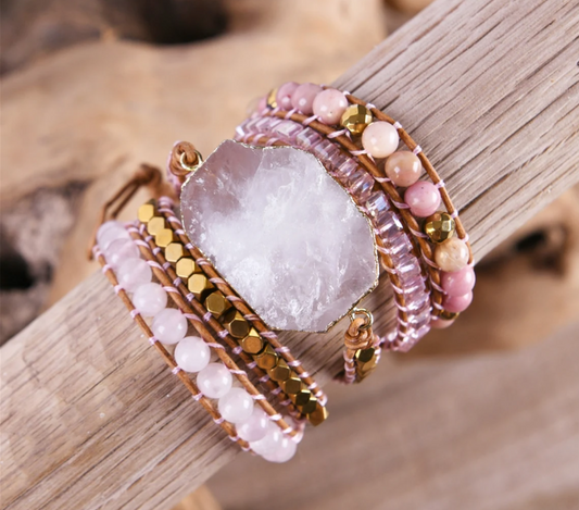 Rose Quartz & Rhodonite Wrap Boho bracelet