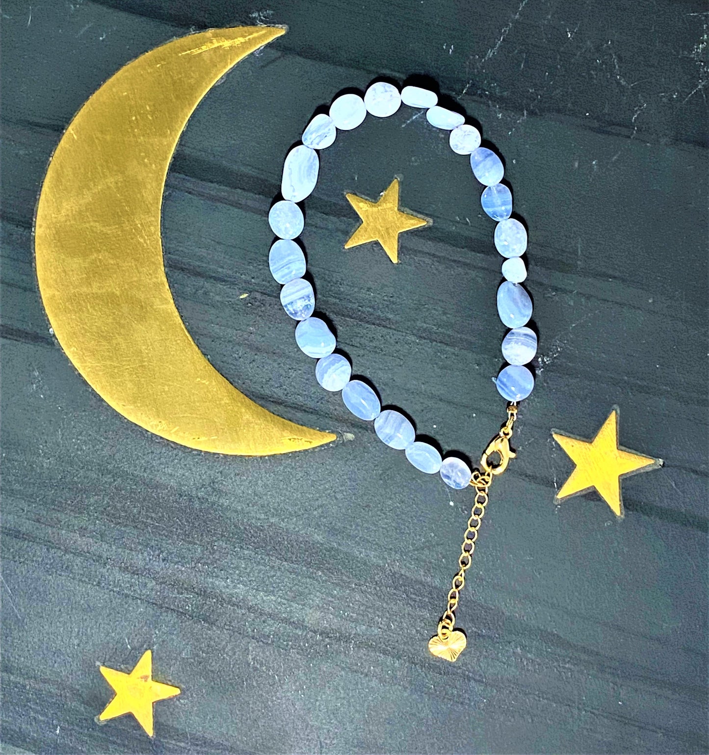 Blue Lace Agate Bracelet with Gold Heart Pendant