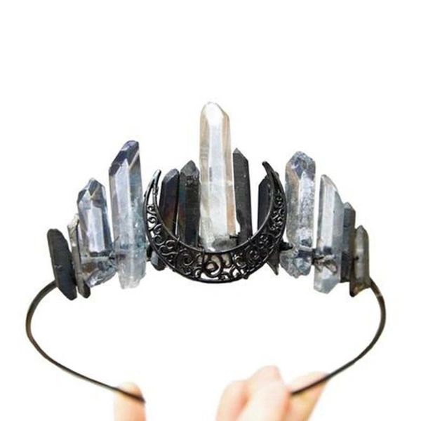 Faux Aura Crystal Headband - Quartz Moon Tiara Crowns - Pink or Black
