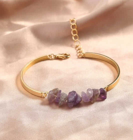 Gold Plated Crystal Chip Bracelet - Amethyst or Rose Quartz