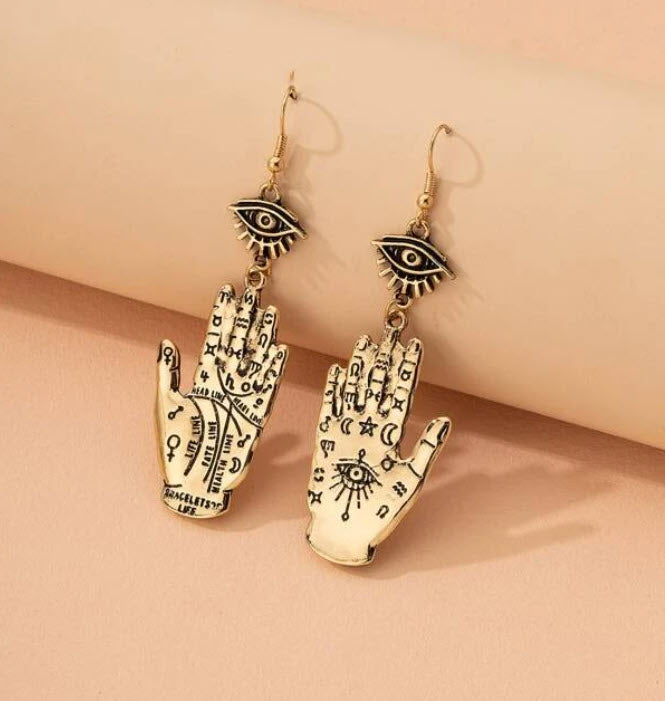 Witchy Palmistry Hand with Eye Earrings - Silver/Gold Plated