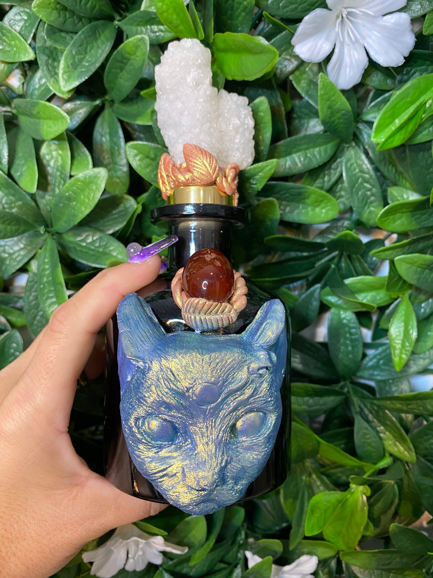 Witch Cat Bottle with Quartz Stalactites & Carnelian