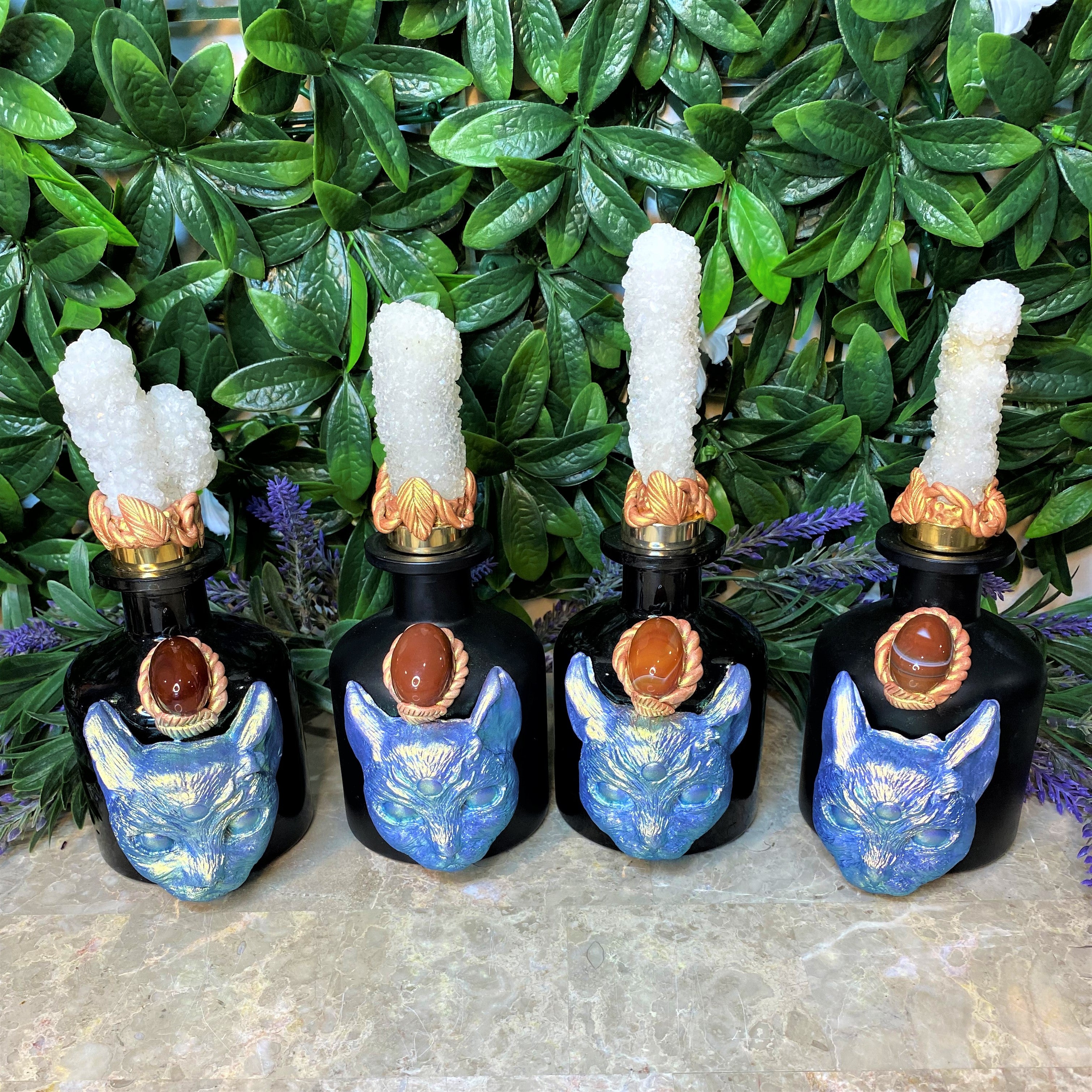 Witch Cat Bottle with Quartz Stalactites & Carnelian