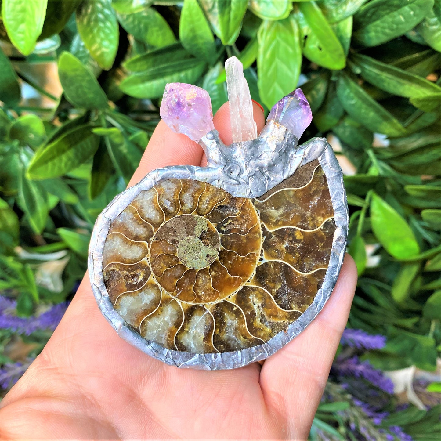 Ammonite with Amethyst & Clear Quartz