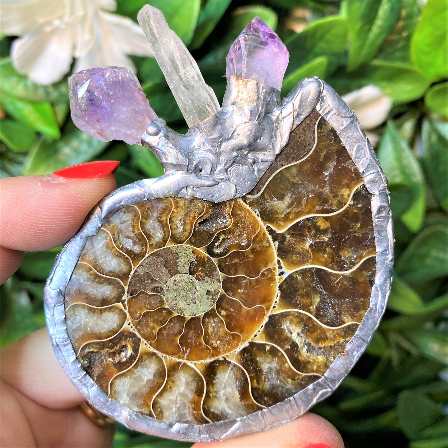 Ammonite with Amethyst & Clear Quartz