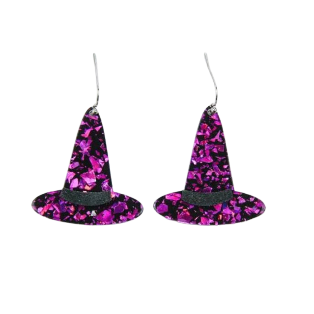 Pink Glitter Witchy Hat Earrings