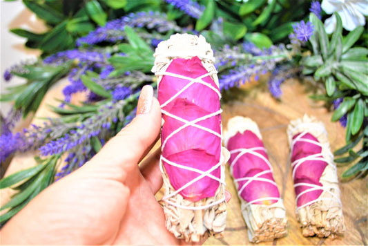 White Californian Sage & Pink Rose Petal Smudge Stick