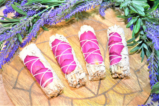 White Californian Sage & Pink Rose Petal Smudge Stick