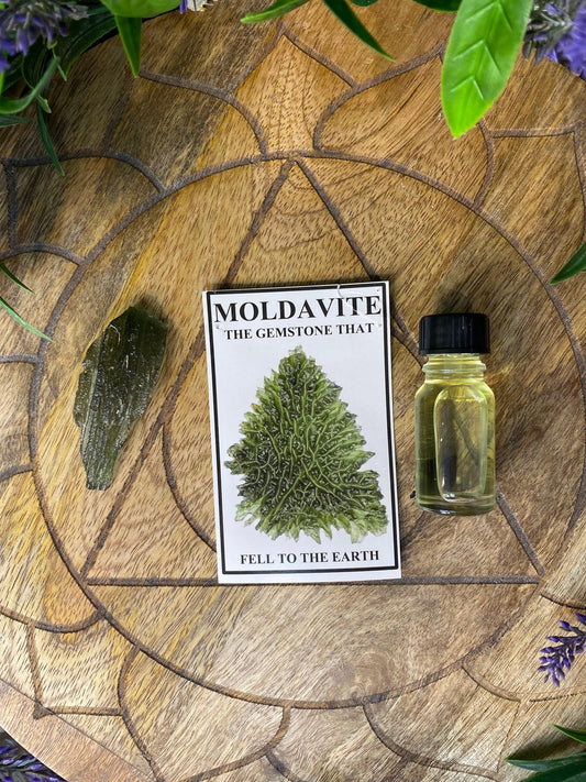 Moldavite Oil with a Moldavite specimen